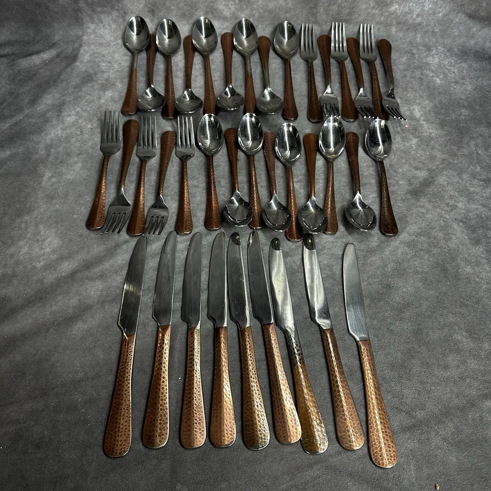 Pier 1 Hammered Copper Finish Flatware Set Spoons Knives Forks 38 Piece Set